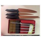 Set of three copper chef knives and four Gerber paring knives