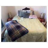 Queen sized bed with boxspring and mattress, two storage chest side tables, and pair of table lamp lamps - Beauty Rest firm mattress