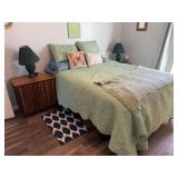 Full-sized bed with mattress and box spring includes mattress topper, and like new beauty rest mattress also includes slat style side table