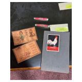 2 leather postcards, Purina Poultry guide book and 2 Purina pocket knives