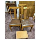 3  T-back oak chairs and wood footstool