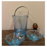 Ice bucket and candle holders-blue ice glass colored