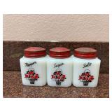Tipp City milk glass shakers w/ red lids