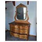 Serpentine front 4 drawer oak dresser w/ wishbone mirror 22D x 44L x 74H