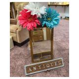 Oak framed mirror 16 x 26, flowers and antiques sign
