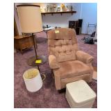 La-Z-Boy recliner, ottoman, lamp table and an extra shade