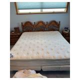 King size Owosso pine bed w 46” tall headboard, Therapedic mattress w split twin box springs and mattress covers
