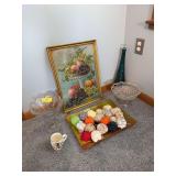 Fruit picture, fruit comports, yarn balls, fruit tray and a blue bottle