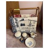 Oak quilt rack, 2 Adair Co throws and stoneware