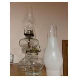 2 oil lamps and chimneys