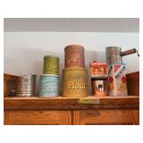 Vintage kitchen canisters, grease container, sifters, Log Cabin syrup tin, Nabisco cracker tin