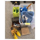 Men’s size 12 yellow rubber boots, boot jack, scarves, rug, bags, etc