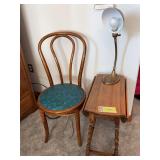 21x25x21H side table, back bent chair and lamp