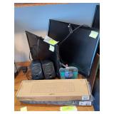 18” Insignia monitor, 23” Hannsprwe monitor, two keyboards, two mice and speakers  Monitors power on