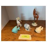 Pie bird (chipped), fish S&P shakers, Zsolnay porcelain hedgehog, Pacific Pottery deer