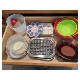 NordicWare nested mixing bowls, pie plates, Rachel Ray meatloaf pan, Pampered Chef covered bowl, etc