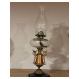 Kerosene lamp with metal stem and wheel etched font