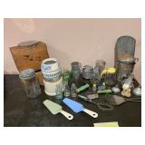 Kitchen collectibles, sifter, jars, measures,, etc ..