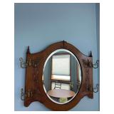 Magnificent antique oak hall mirror w/ coat hooks, carved front, beveled edge mirror, some beading around edge is broken off