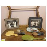Sterling dresser set, celluloid items, old photos etc...