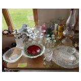 Stemware, Mary Kay coffee cups, oil lamp, vases, etc