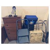 Dresser, Cosco step stool, box fan, rubber boots, suitcase, cooler and walker