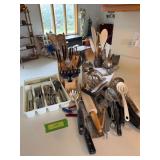Flatware, kitchen utensils, knife block w knives, etc