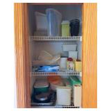 Tupperware, plastic storage containers, electric skillet, electric knife, hand mixer, etc