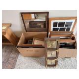 Two boxes of picture frames, wall mirror and barometer
