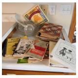 Vintage cookbooks and punch bowl w glass ladle and 12 cups