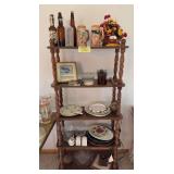 12F x 28L x 60H shelf and contents includes steins, bottles, cake plate w matching server, clear glass, etc