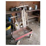 Old coaster wagon, 2 runner sleds and Tonka trucks