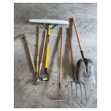 5 tine pitch fork, shovel, bean hook, pick, hoes