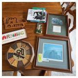 Farming group includes asgrow clock, farming needlepoint, John Deere thermometer, John Deere print, tractor books