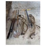 Post hole jobbers, auger, round point shovel and rope fence stretchers