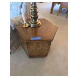 Hexagonal side table mid-century piece, Drexel Accolade collection featuring walnut wood and campaign-style brass hardware.