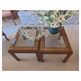 Pair Drexel Heritage End Tables with a glass top, from the Accolade Collection with vase and flower