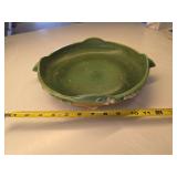 Roseville Pottery Snowberry Console Bowl in green shading to terra cotta. Pattern: Snowberry, featuring raised white berries and green leaves against a textured background