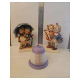Goebel Hummel figurine titled 'Going to Grandma's' (number HUM 52).   Vintage Goebel Hummel figurine titled 'Stormy Weather' (HUM 71), which depicts a young boy and girl huddled together under an umbr