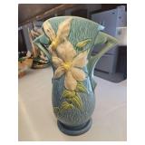 Vintage Roseville Pottery vase in the Clematis pattern, featuring a blue glaze and textured body, 15'h