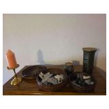 Candles, buttons, flowers, with woven bowls