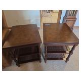 Pair of Colonial style side tables with a burled top and two lower cane tiers