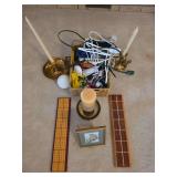 Cribbage boards, candles and woven basket of miscellaneous