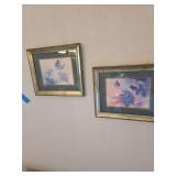 Pair of lithograph art print featuring butterflies and blossoms, 12x10