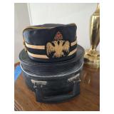 32nd Degree Scottish Rite Freemason cap, often identified as a 'pillbox' or 'crown' style hat, storage case