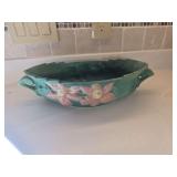 Roseville Pottery console bowl, likely in the Clematis pattern featuring pink flowers on a green background