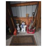 Shovels, snowman, digging bar, rug, flower garden fence