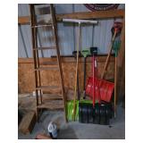 Shovels, wooden ladder, wood blocking