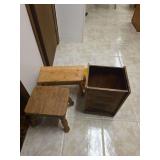 Two sturdy wooden stools and wooden basket
