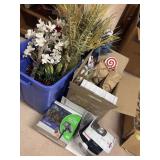 Faux florals, box of Christmas decor, laser landscape light, and strobe light